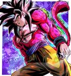  1boy abs black_hair body_fur dragon_ball dragon_ball_gt highres large_pectorals looking_at_viewer male_focus monkey_boy monkey_tail muscular muscular_male pants pectorals pink_fur smirk son_goku spiky_hair super_saiyan super_saiyan_4 tail topless_male ushi_(akabec0) wristband yellow_eyes yellow_pants 