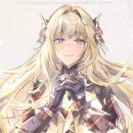  1girl bianca_(punishing:_gray_raven) blonde_hair blue_eyes closed_mouth copyright flower hair_flower hair_ornament headgear highres light_brown_hair long_hair praying punishing:_gray_raven twitter_username 