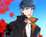  1boy bangs black_coat black_jacket black_suit blue_background blue_hair coat collared_coat collared_shirt falling_leaves fate/grand_order fate_(series) formal highres jacket leaf looking_at_viewer male_focus maple_leaf notice_lines open_collar open_mouth orange_eyes saitou_hajime_(fate) shirt short_hair solo suit upper_body white_shirt yayayakan 