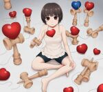  1girl barefoot brown_hair camisole commentary heart indian_style kendama looking_at_viewer orange_eyes original short_hair short_shorts shorts simple_background sitting solo yajirushi_(chanoma) 