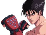  1boy black_eyes black_hair closed_mouth fighting_stance fingerless_gloves gloves highres kazama_jin male_focus simple_background solo tekken tina_fate topless_male upper_body white_background 