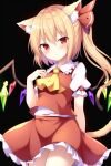  1girl ai-generated animal_ear_fluff animal_ears ascot bangs black_background blonde_hair blush cat_ears cat_girl cat_tail flandre_scarlet hat_removed kemonomimi_mode looking_at_viewer medium_hair nekomimi puffy_short_sleeves puffy_sleeves red_eyes side_ponytail simple_background skirt solo standing touhou wings yellow_ascot 