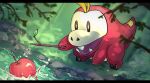  apple blurry blurry_foreground bright_pupils brown_eyes commentary_request fangs food fruit fuecoco grass holding holding_stick letterboxed looking_down open_mouth outdoors pokemon pokemon_(creature) roncha_(shumokumoku) stick water 