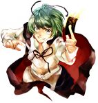  1girl antennae bangs black_cape black_ribbon black_shorts buttons cape card collared_shirt commentary_request green_eyes green_hair grin holding holding_card long_sleeves looking_at_viewer neck_ribbon red_cape reverse_trap ribbon shin&#039;ichi_(yokosuka220) shirt short_hair shorts simple_background smile solo touhou two-sided_cape two-sided_fabric upper_body white_background white_shirt wriggle_nightbug 