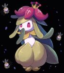  black_background bright_pupils commentary_request full_body hands_up highres lilligant looking_at_viewer no_humans petals petilil pink_eyes pokemon pokemon_(creature) riru_maru08 white_pupils 