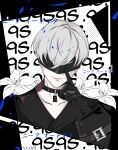  1boy absurdres artist_name bishounen black_blindfold black_gloves blindfold character_name choker covered_eyes flower gloves highres male_focus nier:automata nier_(series) short_hair smile solo user_nwkw7427 white_hair yorha_no._9_type_s 