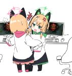  2girls absurdres anger_vein animal_ear_headphones animal_ears blonde_hair blue_archive cat_ear_headphones computer fake_animal_ears green_eyes halo headphones highres keyboard_(computer) korean_text league_of_legends midori_(blue_archive) momoi_(blue_archive) monitor mouse_(computer) multiple_girls siblings sisters sweatdrop syhan twins 