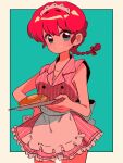  1girl blue_eyes braid braided_ponytail breasts closed_mouth food hair_between_eyes highres pancake ranma-chan ranma_1/2 redhead retro_artstyle sanamaru_(sana79261827) solo waitress 