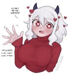  1girl amadeen blush breasts helltaker horns large_breasts looking_at_viewer medium_hair modeus_(helltaker) red_eyes simple_background solo sweater white_hair 