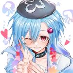  1boy arknights bishounen blue_hair blush chinese_commentary from_above hair_ornament hairpin hand_on_another&#039;s_cheek hand_on_another&#039;s_face hat heart highres infection_monitor_(arknights) male_focus mizuki_(arknights) one_eye_closed otoko_no_ko pov red_eyes short_hair smile solo upper_body wolengquanzashihaodaizijizuofannizhichihaizhihuizaniyoushemeyong? 