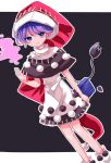  1girl bangs black_background black_dress book boots border closed_mouth commentary_request doremy_sweet dream_soul dress hair_between_eyes hand_up hat highres holding holding_book looking_at_viewer ououno outside_border pom_pom_(clothes) purple_hair red_headwear short_hair short_sleeves simple_background smile solo standing tail touhou turtleneck turtleneck_dress two-tone_dress violet_eyes white_border white_dress white_footwear 