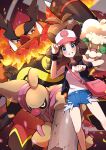  1girl absurdres antenna_hair bag baseball_cap black_vest black_wristband blue_eyes blue_shorts blush brown_hair conkeldurr emboar eyelashes grin hat high_ponytail highres hilda_(pokemon) long_hair pink_bag pokemon pokemon_(creature) pokemon_(game) pokemon_bw pon_yui shirt short_shorts shorts shoulder_bag sidelocks sleeveless sleeveless_shirt smile vest whimsicott white_shirt wristband 