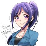  1girl bakarayuu bangs birthday blush collarbone commentary_request dated english_text happy_birthday high_ponytail highres long_hair love_live! love_live!_sunshine!! matsuura_kanan ponytail purple_hair sidelocks solo upper_body violet_eyes white_background 