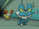  :o black_eyes bright_pupils closed_mouth colored_sclera commentary_request fennekin froakie habatakuhituji motion_blur one_knee pokemon pokemon_(anime) pokemon_(creature) pokemon_xy_(anime) smile smug standing tile_floor tiles white_pupils yellow_sclera 