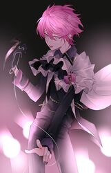  1boy black_background black_gloves black_nails black_pants black_shirt dear_vocalist ear_piercing gloves grey_eyes highres jjajj long_sleeves looking_at_viewer male_focus multicolored_background open_mouth pants piercing pink_background pink_hair re-o-do shirt short_hair solo 