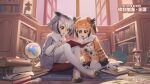  2girls animal_ears bird_ears bird_girl bird_tail bird_wings book brown_hair coat eurasian_eagle_owl_(kemono_friends) gloves grey_hair highres kemono_friends kemono_friends_kingdom library multiple_girls northern_white-faced_owl_(kemono_friends) official_art open_book open_mouth pantyhose shoes short_hair tail wings yellow_eyes 