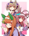  3girls ahoge animal_ears aqua_eyes blue_eyes border bow bowtie brown_eyes brown_hair ear_covers finger_to_mouth grey_hairband hair_between_eyes hair_bow hairband highres hime_cut horse_ears horse_girl horseshoe_ornament long_hair long_sleeves looking_at_viewer mihono_bourbon_(umamusume) multiple_girls nigekiri_sisters_(umamusume) one_eye_closed orange_hair pink_background purple_serafuku purple_shirt sailor_collar sailor_shirt school_uniform serafuku shirt silence_suzuka_(umamusume) simple_background smart_falcon_(umamusume) tracen_school_uniform twintails umamusume v white_border white_bow white_bowtie white_hairband yonedatomo_mizu 