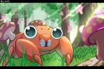  absurdres animal_focus blurry blurry_background claws commentary_request day depth_of_field grass highres letterboxed mushroom no_humans open_mouth outdoors paras pokedex_number pokemon pokemon_(creature) roncha_(shumokumoku) solo tree 