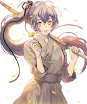  1girl brown_hair flower holding holding_flower holding_sword holding_weapon japanese_clothes kimono korean_commentary long_hair looking_at_viewer open_mouth original over_shoulder ponytail saeldam shinai solo sword sword_over_shoulder teeth upper_teeth_only weapon weapon_over_shoulder white_background yellow_eyes 