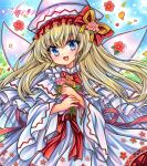  1girl bangs blonde_hair blue_eyes blush capelet dress fairy fairy_wings flower hair_between_eyes hat holding holding_flower lily_white long_hair long_sleeves open_mouth petals pink_flower red_flower rui_(sugar3) sample_watermark smile solo touhou traditional_media watermark white_capelet white_dress white_headwear wide_sleeves wings yellow_flower 