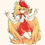  1girl animal animal_on_head bangs bird bird_on_head bird_tail bird_wings blonde_hair blush carbohydrate_(asta4282) chick dress feathered_wings full_body hair_between_eyes highres motion_lines multicolored_hair niwatari_kutaka on_head parted_lips red_dress red_eyes redhead shirt short_hair short_sleeves solo tail touhou two-tone_hair white_shirt wings yellow_wings 