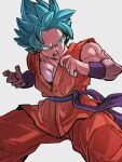  1boy blue_eyes blue_hair dragon_ball dragon_ball_super fighting_stance grey_background kemachiku looking_to_the_side male_focus open_mouth short_hair simple_background solo son_goku standing super_saiyan super_saiyan_blue teeth 