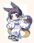  1girl animal_ears bangs black_eyes black_hair blue_outline bob_cut border brown_border closed_mouth fox_ears fox_girl fox_tail full_body japanese_clothes kimono kukuri_(mawaru) long_sleeves looking_at_viewer mawaru_(mawaru) multiple_tails obi original outline sash short_hair smile solo tail toes violet_eyes white_background white_kimono zouri 