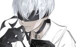  1boy absurdres bishounen black_blindfold black_box black_gloves blindfold close-up gloves highres male_focus nier:automata nier_(series) short_hair sketch solo unfinished user_nwkw7427 white_background yorha_no._9_type_s 