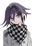  1boy absurdres arm_strap checkered_clothes checkered_scarf closed_mouth danganronpa_(series) danganronpa_v3:_killing_harmony expressionless head_tilt highres looking_at_viewer male_focus ouma_kokichi purple_hair scarf short_hair solo standing straitjacket upper_body user_puar3433 violet_eyes white_background 