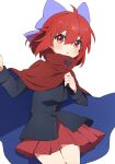  1girl bangs black_shirt blue_bow blue_cape blush bow cape cowboy_shot hair_between_eyes hair_bow highres long_sleeves miz_(mizillustration) parted_lips pleated_skirt red_cape red_eyes red_skirt redhead sekibanki shirt short_hair simple_background skirt solo touhou white_background 