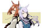  2girls animal_ears breasts brown_hair closed_mouth dress ear_bow floating_hair frown glasses grey_eyes horse_ears ikuno_dictus_(umamusume) jewelry long_hair looking_at_viewer low_ponytail mejiro_mcqueen_(umamusume) multiple_girls neck_ribbon necklace pinafore_dress purple_hair ribbon round_eyewear shirt sinnra_art small_breasts suspenders umamusume upper_body violet_eyes white_shirt 