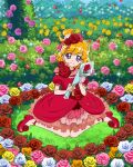  1girl asahina_mirai blonde_hair dress flower full_body highres layered_dress mahou_girls_precure! medium_hair official_art one_side_up precure precure_connection_puzzlun puffy_short_sleeves puffy_sleeves red_dress red_flower red_footwear red_rose rose short_sleeves sitting smile solo violet_eyes wariza 
