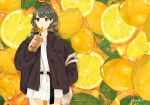  1girl bag bangs belt braid brown_coat bubble_tea coat cup disposable_cup drinking drinking_straw food fruit hand_in_pocket handbag highres holding holding_cup k-yosinori lemon long_hair orange_ribbon original ribbon shirt solo standing twin_braids twintails white_shirt 