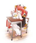  animal_ears back_bow backpack bag black_dress blush book bow chair classroom covering_mouth desk dress eyelashes gaou_torai hair_ornament hairclip hat highres indie_virtual_youtuber nurse_cap open_book paw_hair_ornament randoseru reading redhead sayonara_vespa school_desk sitting socks striped_tail tail tiger_ears tiger_girl tiger_tail virtual_youtuber white_bow white_footwear white_headwear white_socks 