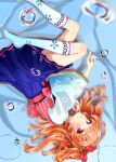  1girl aikatsu! aikatsu!_(series) blush bubble gradient_legwear hair_ornament highres japanese_clothes k_mugura kimono legs lying on_side oozora_akari open_mouth orange_hair pink_eyes ribbon solo thighs underwater 