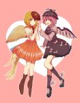  2girls animal animal_ears animal_on_head bangs bird bird_ears bird_on_head bird_wings black_footwear black_nails blonde_hair blush boots brown_dress brown_footwear brown_headwear brown_socks chick closed_mouth commentary dress fingernails full_body hat heart highres knee_boots kneehighs long_fingernails long_sleeves looking_at_viewer multicolored_hair multiple_girls mystia_lorelei nail_polish niwatari_kutaka on_head open_mouth orange_dress pink_hair puffy_short_sleeves puffy_sleeves red_eyes redhead savlietion_yuki sharp_fingernails shirt shoes short_hair short_sleeves sleeve_garter smile socks symbol-only_commentary touhou two-tone_hair white_shirt white_wings winged_footwear winged_hat wings 