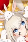  animal animal_ears animal_on_head bangs blue_eyes blush chinese_zodiac egasumi facepaint grey_hair head_tilt highres long_hair looking_away looking_to_the_side looking_up nengajou new_year on_head open_mouth original parted_lips rabbit rabbit_ears rabbit_girl seigaiha year_of_the_rabbit yuki_usagi_(ponpon_0523) 