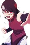  1girl arm_warmers bidarian black_hair boruto:_naruto_next_generations clenched_hand commentary forehead_protector glasses headband highres konohagakure_symbol naruto_(series) open_mouth red-framed_eyewear red_eyes sharingan solo symbol-only_commentary uchiha_sarada 