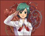  1girl antennae bangs blush bow bowtie breasts cape closed_mouth collared_shirt commentary_request green_eyes green_hair long_sleeves looking_at_viewer red_background red_bow red_bowtie salute shin&#039;ichi_(yokosuka220) shirt short_hair small_breasts smile solo touhou upper_body white_cape white_shirt wriggle_nightbug 