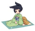  1girl animal_ears bangs black_hair bob_cut brown_eyes closed_mouth fox_ears fox_girl fox_tail full_body green_kimono japanese_clothes kimono kukuri_(mawaru) long_sleeves mawaru_(mawaru) multiple_tails obi on_floor original sash short_hair simple_background sitting solo striped striped_kimono tail vertical-striped_kimono vertical_stripes white_background 