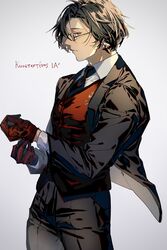  1boy adjusting_clothes adjusting_gloves black-framed_eyewear black_hair black_jacket black_necktie black_pants black_suit brown_eyes character_name closed_mouth collared_shirt constantine_xi_(fate) cowboy_shot earrings fate/grand_order fate_(series) formal from_side glasses gloves greek_text hair_between_eyes highres jacket jewelry looking_at_viewer male_focus nasubi_illust necktie open_clothes open_jacket pants profile red_gloves red_vest shirt short_hair sideways_glance simple_background solo suit vest white_background white_shirt 