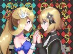  2girls argyle argyle_background ascot blonde_hair blue_dress collarbone dress dual_persona eye_contact from_side holding_hands looking_at_another memo14030037 multiple_girls official_alternate_costume pokemon pokemon_(game) pokemon_masters_ex ponytail serena_(champion)_(pokemon) serena_(pokemon) serena_(sygna_suit)_(pokemon) smile upper_body 
