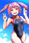  1girl absurdres breasts clouds competition_swimsuit covered_navel double_v hair_ornament highres kantai_collection looking_at_viewer one-piece_swimsuit open_mouth pink_eyes pink_hair sazanami_(kancolle) sky small_breasts smile solo sweat sweatdrop swimsuit twintails two-tone_one-piece_swimsuit upper_body v yellow_quokka 