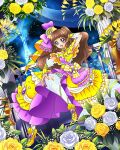  1girl amanogawa_kirara bangs blunt_bangs brown_hair dress earrings flower gem go!_princess_precure highres jewelry long_hair multicolored_clothes multicolored_dress official_art open_mouth precure precure_connection_puzzlun rose smile solo third-party_source violet_eyes white_flower white_rose yellow_flower yellow_footwear yellow_rose 