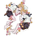  1boy 1girl ahoge bare_arms bare_legs bare_shoulders barefoot blonde_hair blush bow brother_and_sister fetal_position flower grey_shorts hair_bow hair_ornament hairclip hazime kagamine_len kagamine_rin lying midriff_peek neckerchief necktie on_side parted_lips sailor_collar sailor_shirt shirt short_hair short_ponytail short_sleeves shorts siblings sleeping sleeveless sleeveless_shirt spiky_hair twins twitter_username vocaloid white_bow yellow_neckerchief yellow_necktie 