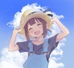  1girl :d ^_^ bangs black_shirt blue_hair blue_sky blunt_bangs brown_hair closed_eyes clouds commentary contrail facing_viewer female_child hands_on_headwear hands_up hat hozuki_momiji light_blush multicolored_hair murairamuraiari onii-chan_wa_oshimai! open_mouth overalls shirt short_hair short_ponytail short_sleeves sky smile solo sun_hat two-tone_hair upper_body 