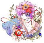  1girl anemone_(flower) bangs blue_flower blue_shirt closed_mouth commentary_request expressionless eyeball flower frilled_shirt_collar frilled_sleeves frills hair_flower hair_ornament komeiji_satori long_sleeves looking_afar orange_flower pink_flower pink_hair profile purple_flower red_eyes red_flower shin&#039;ichi_(yokosuka220) shirt short_hair solo third_eye touhou upper_body white_background 