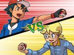  2boys :d ash_ketchum bangs baseball_cap black_gloves black_hair blonde_hair blue_eyes blue_jacket clemont_(pokemon) commentary_request fingerless_gloves glasses gloves habatakuhituji hat holding holding_poke_ball jacket jumpsuit male_focus multiple_boys open_mouth orange_eyes outstretched_arm poke_ball poke_ball_(basic) pokemon pokemon_(anime) pokemon_xy_(anime) red_headwear shirt short_hair smile tongue 