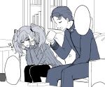  1boy 1girl admiral_(kancolle) atlanta_(kancolle) couch cup feet_out_of_frame greyscale hands_on_own_face kantai_collection monochrome mug ribbed_sweater shigure_ryuunosuke sitting sleeves_past_wrists sweater template thigh-highs two_side_up 