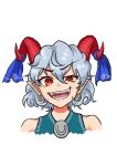  1girl absurdres bangs blue_ribbon commentary_request curly_hair earrings highres horizontal_pupils horn_ornament horn_ribbon horns jewelry kou_syu_27 looking_at_viewer pointy_ears portrait rectangular_pupils red_eyes red_horns ribbon sharp_teeth sheep_horns solo teeth touhou toutetsu_yuuma 